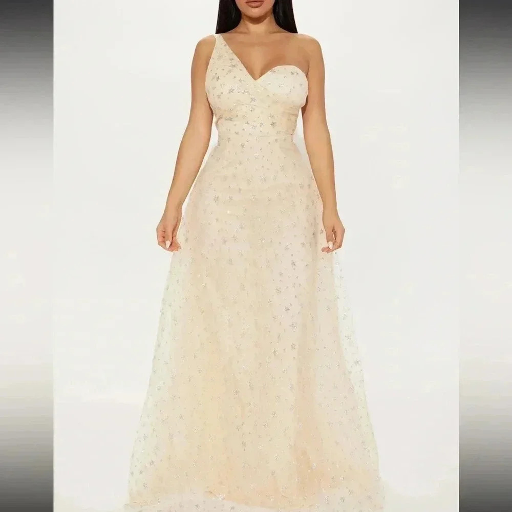 - FASHION‎ NOVA MAXI LONG FORMAL DRESS ALL THE STARS CREAM GLITTER  SIZE LARGE